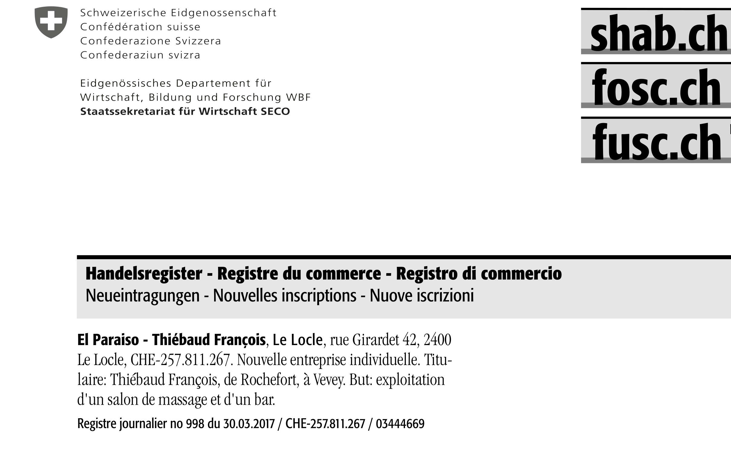 Francois Thiébaud, Le Locle, El Paraiso, Massage, Brothel, Prostitution